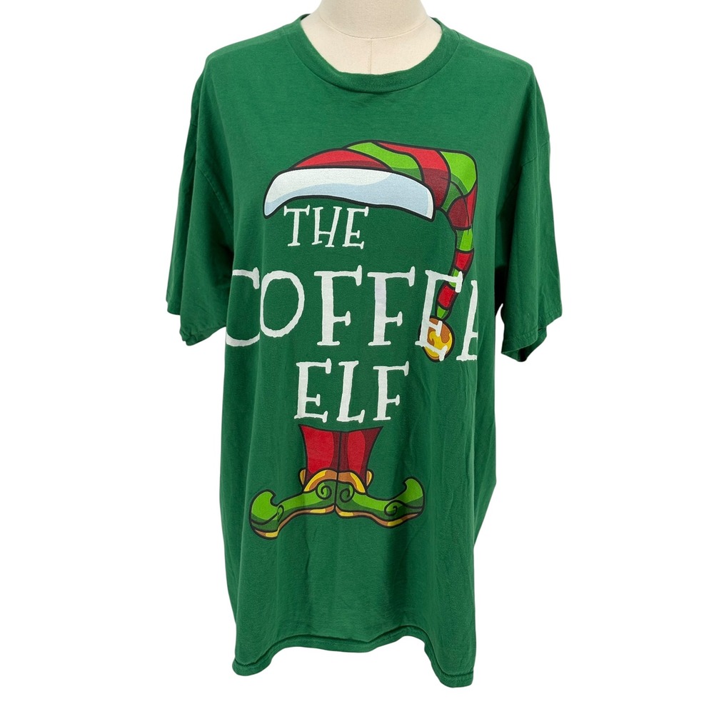 Port & Company The Coffee Elf T-Shirt Green Graphic Holiday 100% Cotton XL